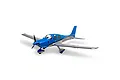 E-Flite UMX Cirrus SR22T RC plane in blue and silver livery, viewed from a front three-quarter angle against a white background.