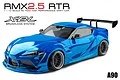 A studio shot of the blue MST RMX 2.5 A90RB 1/10 scale RC drift car on a white background with branding text above.