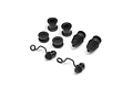 A set of black rubber RC boat seals and bellows components on a white background.