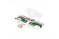 Losi 1/18 Grave Digger clear unpainted RC truck body shell with included decal sheet, LED light wire, and small hardware components.