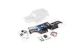 Losi 1/18 Son Uva Digger clear RC truck body shell with decal sheet, light buckets, grille, and mounting hardware on a white background.