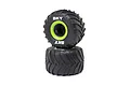 Two Losi 1/18 scale monster truck tyres with bright green beadlock rims stacked vertically against a white background.