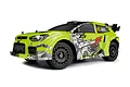 A studio shot of a pre-painted fluoro green Maverick QuantumRX rally car body shell with black and grey geometric decals, mounted on a chassis.
