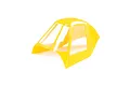 A bright yellow E-Flite RC plane canopy with clear plastic windows against a white background.