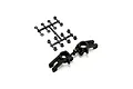 Kyosho black plastic rear hub carriers and associated bushings on a sprue tree.