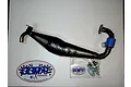 Olimat Engineering left hand speedway exhaust pipe set for RC cars, featuring a dark metal tuned pipe, mounting hardware in a plastic bag, and brand stickers.