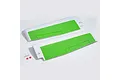 Two white and green foam RC plane main wings with small plastic hardware components on a white background.