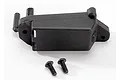 A black plastic Traxxas throttle servo mount with two included mounting screws on a white background.