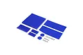 A set of blue RC car wing panels and hardware including screws and circular stickers on a white background.