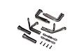A set of black chrome RC car exhaust headers and mounting hardware on a white background.