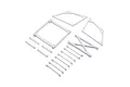 A set of white plastic RC car wing mount components including a frame, side plates, and various support rods arranged on a white background.