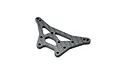 A flat, triangular carbon fibre front shock tower for an RC car with multiple mounting holes, shown against a plain white background.