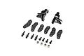 TLR aluminium spindle set in black, including two steering hubs, six carbon fibre steering arms, eight screws, and four lock nuts.
