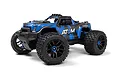 Maverick Atom AT1 RC monster truck in blue and black with off-road tires, shown from a front three-quarter angle on a white background.