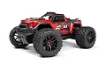 Maverick Atom AT1 1/18 scale RC monster truck in red and black, featuring large off-road tires and a detailed body shell.
