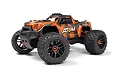 Maverick Atom AT1 1/18 scale RC monster truck in orange and black livery, viewed from a front-three-quarter angle on a white background.