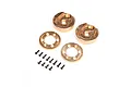 Four brass RC portal covers and weights with a set of black mounting screws on a white background.