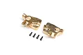 Two brass portal hub carriers for an RC car with four small black mounting screws on a white background.