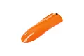 A bright orange RC boat canopy with a small black locking knob, isolated on a white background.