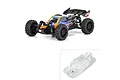 A Pro-Line 1/14 Axis clear polycarbonate body shell shown alongside a fully assembled and painted RC buggy.