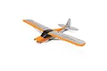 HobbyZone XCub 450mm RC airplane airframe in orange and silver livery, viewed from a high rear angle against a white background.