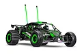 Traxxas Pro Scale Sand Car 8S RC buggy in black and green with paddle rear tires and two driver figures, isolated on a white background.