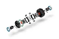 Exploded view of an XRAY Narrow Active Differential set showing all internal gears, bearings, outdrives, and seals arranged in a line.