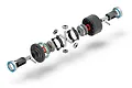 Exploded view of an XRAY active differential set showing all internal gears, housing, bearings, and pins arranged in a line.