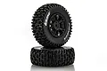 Two Louise Pioneer RC short course tyres pre-glued onto black multi-spoke rims, stacked vertically against a white background.