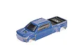 A blue ARRMA Big Rock Crew Cab RC truck body shell on a white background, featuring white graphics and a black bed insert.