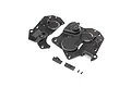 Losi chassis side cover set including two main plastic side panels, two small plastic inserts, and two small metal screws on a white background.