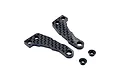 Two carbon fibre RC steering arms and two small metal nuts isolated on a white background.