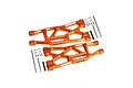A pair of orange anodized aluminium lower suspension arms for an RC car, including metal hinge pins, screws, and small spacers on a white background.