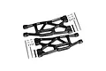 Two black anodized aluminium RC suspension arms with included metal pins, screws, and spacers on a white background.
