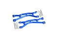 Two blue anodized aluminium RC suspension arms with included metal hinge pins, screws, and washers on a white background.
