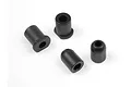 Four black plastic RC car components, including two flanged bushings and two ball mount caps, arranged on a white background.