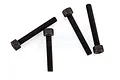 Four black metal cap head screws arranged on a white background.