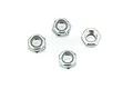 Four silver-coloured metal nyloc nuts arranged on a white background.