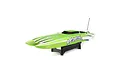 Pro Boat Veles 29 inch catamaran RC speed boat in bright green and white, mounted on a black plastic display stand against a white background.