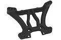 A black plastic rear shock tower for an RC vehicle, featuring multiple mounting holes and a reinforced structural design.