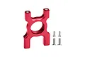 A red anodised aluminium centre differential mount for an RC car, shown with four included mounting screws on a white background.