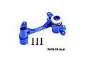 A blue anodized aluminium steering assembly set with servo saver for RC cars, including three black screws, on a white background.