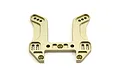 A gold-anodized metal front shock tower for a Kyosho RC car, featuring multiple mounting holes and a U-shaped design.