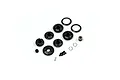 Kyosho RC differential gear case and pulley set including various black plastic gears, pulleys, metal screws, and small clips on a white background.