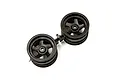 Two black 5-spoke RC car rims attached to a plastic sprue tree on a white background.