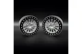 Two silver and black aluminium beadlock rims for RC crawlers set against a plain black background.