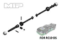 An exploded view diagram of an MIP CVD driveshaft kit for an RC10-DS, showing the metal shaft components, pins, and wheel nut, with a small image of the car.