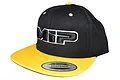 A black and yellow MIP branded snapback hat featuring embroidered MIP logo on the front and a Yupoong sticker on the flat brim.