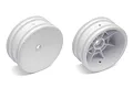 Two white Team Associated 2.2 inch front dish rims for RC buggies, shown from the front and back.
