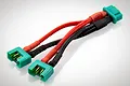 G-Force MPX parallel adapter cable with one male and two female green MPX connectors and red and black wiring.